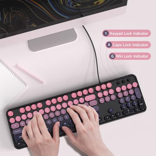 Image of MOWUX Computer Keyboard Wired, Plug and Play USB Retro Round Typewriter Keyboard, Full Size Wired Keyboard with Foldable Stands for Laptop and Office PC- Sea Blue Gradient