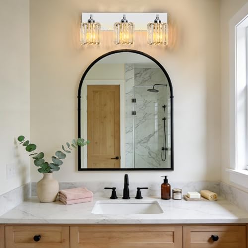 Image of Brushed Chrome Crystal Bathroom Vanity Light, 3-Light Modern Bathroom Lighting Fixtures Over Mirror,Chrome Wall Sconce Light Fixtures with Square Shade
