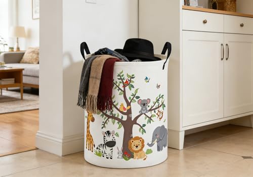 Image of ESSME Kids Laundry Basket,Animal Hamper Collapsible Canvas Waterproof Storage Bin foBoys, Cute Hamper,Gift Baskets(Tree animal)