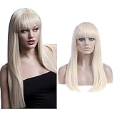 SARLA Women's Long Straight White Blonde Wig with Bangs Synthetic Hair for Cosplay Party Halloween Costume 25 Inch Adult Size