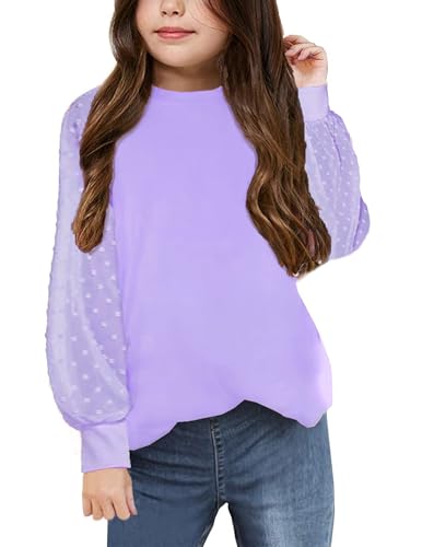 Image of Yekaty Girls Shirts Casual Solid Color Crewneck Blouses Soft Long Sleeve Swiss Dots Chiffon Tops