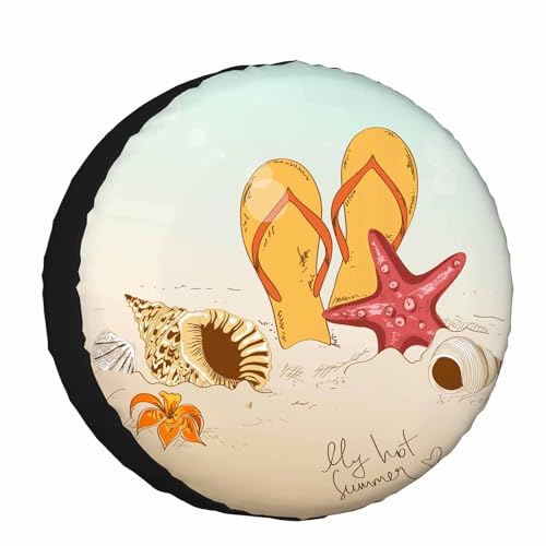 Image of Summer Beach Spare Tire Cover Seashells Starfish and Flip Flops Wheel Covers for RV Tires Camper Tire Case Protectors for Trailer Rv SUV Truck Travel Trailer 15 in