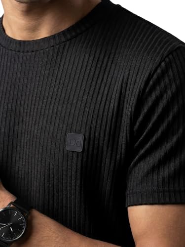Image of DAMENSCH Men's Striped Texture, Cotton-Rich Comfort, Regular Fit, Solid Colours Striped T-Shirts