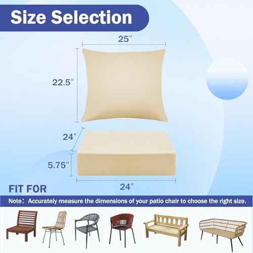 Image of Outdoor Chair Cushions, 24 x 24 Inch Outdoor Cushion for Patio Furniture, Patio Chair Cushion, Waterproof & Fade Resistant Deep Patio Furniture Cushion Set with Handle and Ties, Light Khaki (Set of 6)