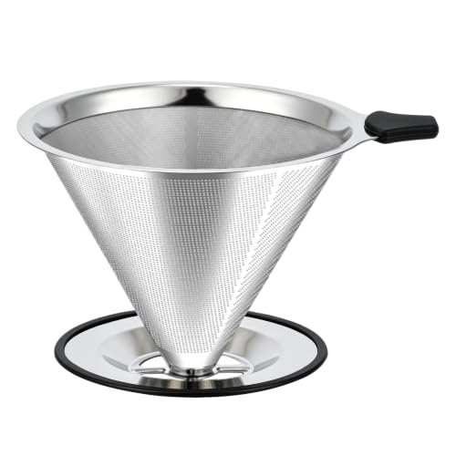 Image of Large Size Pour Over Coffee Dripper, Stainless Steel Coffee Filter, Paperless Reusable Coffee Filter, Double Micromesh 600 Mesh Strainer Coffee Maker with Heat-Resistant Silicone Handle & Base