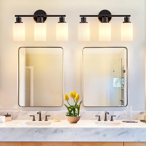 Image of DLLT 3-Light Bathroom Light Fixtures: Black Modern Vanity Lights with E26 Bulbs - Milky White Glass Shade Bathroom Wall Lamp for Mirror Kitchen Living Room Hallway Cabinet Porch
