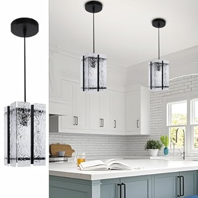 1 Pack Modern Black Square Crystal Pendant Light for Kitchen Island, Elegant Water Ripple Glass Pendant Light Fixtures, Adjustable Chandelier for Dining Room, Hallway, Bedroom, Entry