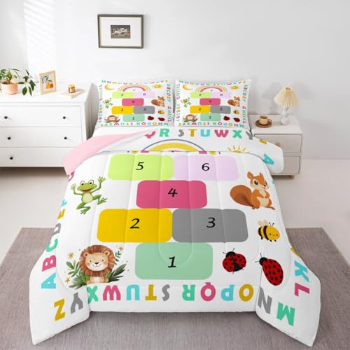 Image of Feelyou Kids Educational Comforter Set All Season Alphabet Bedding Set with 2 Pillow Cases Learning Alphabet Microfiber Kids Full Bedclothes Numbers Bedroom Decor Duvet Quilt Soft Lightweight