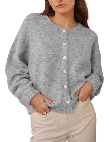 Image of Ynhonra Womens Cardigan Sweater Front Button Loose Y2k Long Sleeve Crewneck | Lightweight Knit Ribbed Hem