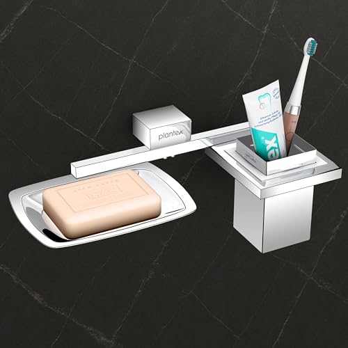 Image of Plantex 2in1 Soap Dish with Tumbler Holder for Bathroom /304 Grade Stainless Steel Soap Holder with Toothbrush Holder /Bathroom Accessories - Pack of 1 (Tesla, Chrome)