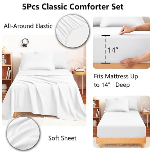 Image of CozyLux Twin XL Comforter Set White - 5 Pieces Twin Extra Long Bed in a Bag for College Dorm, All Season Bedding Set for Girls and Boys, Soft Bed Set with Comforter, Sheets, Pillowcase & Sham