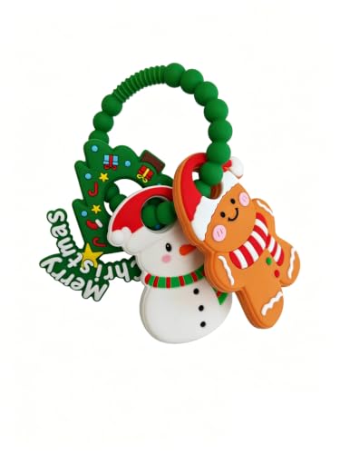Silicone Baby Ring Toy with Christmas Stocking and Tree Teethers Must Haves Teething Relief Chew Toys for 0-6 6-12 Months Boys and Girls Newborns Essentials Safe and Soft BPA Free.