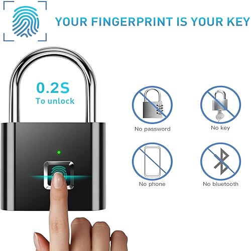 Image of Pothunder Fingerprint Smart Padlock Lock, Biometric Metal Keyless Thumbprint Lock, Waterproof, USB Rechargeable, for Gym Locker, School Locker, Luggage, Backpack, Suitcase (DarkBlack)
