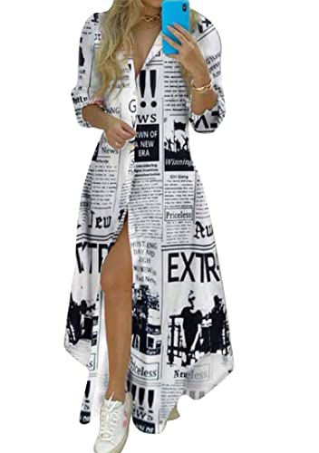 EFOFEI Damen Freizeitkleider Mit Knöpfe Unregelmäßiges Langes Kleid Kleid Mit Aufgerollten Ärmeln Zeitung L Cover