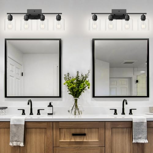 Image of Modern 4 Light Bathroom Light Fixtures, 24 inch Black Vanity Lights for Bathroom with Clear Glass, Bathroom Vanity Light for Mirror Kitchen Living Room Hallway Cabinet Porch