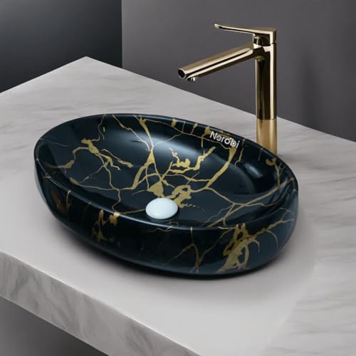 Image of Designer Counter Top Wash Basin | Tabletop Ceramic Bathroom Sink | Wash Basin Over Counter | Wash Basin For Bathroom, Living Room (24 x 15 x 6 Inch) (Black Gold Jelly)