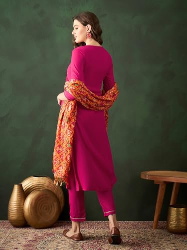 Image of SheWill Women's Mustard American Crepe Zari Sequence Embroidered Alia Cut Kurta with Pant and Dupatta