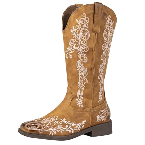 SheSole Women's Square Toe Cowboy Boots Floral Embroidered Cowgirl Western Boots Wide Calf