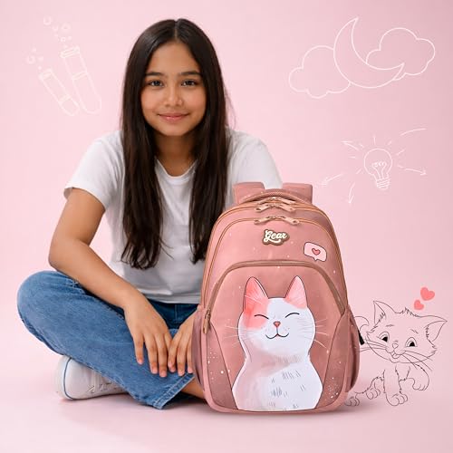 Image of Gear Cutie Cat 17 inch /27L Large Water Resistant School Bag | Casual Backpack | Daypack | Travel Backpack | Kids Bag for Boys /Girls (Brown - Pink)
