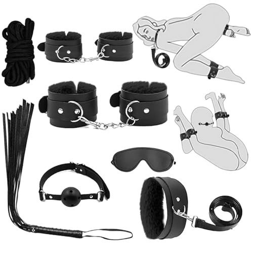 Bondage-Sets, BDSM-Fesselspielzeug (7-teilig): Handschellen, Knöchelfesseln, Klammern, Ballknebel, Augenbinde, Seil, Leder, Fesselset, SM-Sklavenspielzeug für Anfänger, BDSM-Sets (1 (Schwarz))