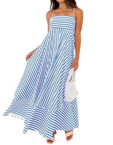 Image of Women Striped Maxi Dress Smocked Backless Spaghetti Strap Long Flowy Dress Sleeveless Boho Aline Sundress