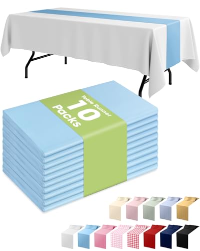 Pureegg Light Blue Plastic Table Runners - 10 Pack, 14'' x 108'', Water Resistant & Disposable Centerpiece Decorations for Table Cloth, Wedding, Birthday, Holiday, Baby Shower, Party, Home Decor
