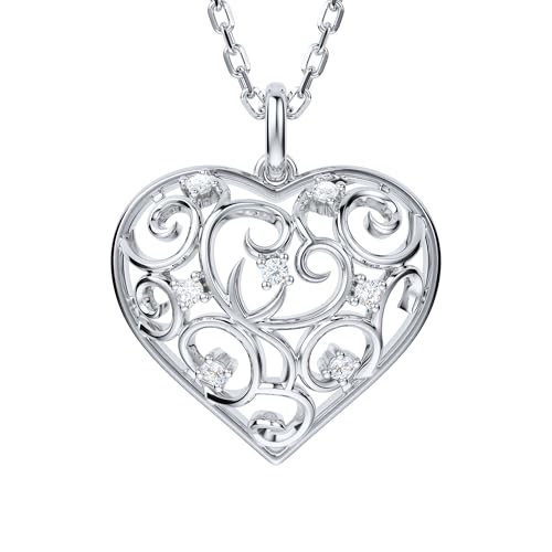 THELANDA Genuine Moissanite Sterling Silver 3D Filigree Heart-Shaped Pendant Necklace, Adjustable 18-20 Inch, Fine Elegant Jewelry Gift for Women