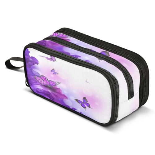 Image of ALAZA Butterfly Purple Flowers Pencil Case for Boys Girls Kids Pencil Pouch 3 Compartment Pen Bag Large Capacity Storage Pencil Holder School Students with Zipper