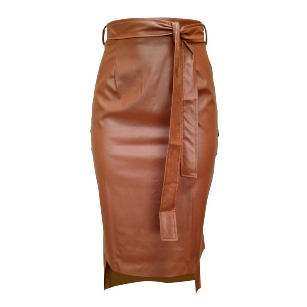Falda de Cuero para Mujer, Falda Midi Dividida con Botones y Vendaje de Piel sintética for Mujer, Multicolor, Tallas S-XL