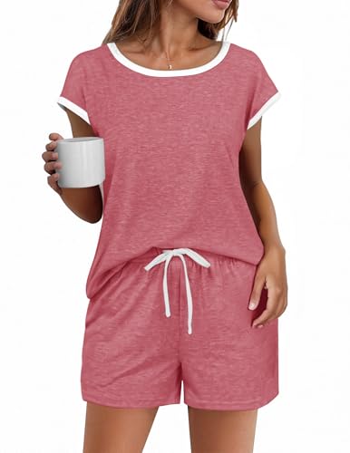 Image of Ekouaer Womens Pajamas Set 2 Piece Short Sleeves PJs O Neck Tops and Drawstring Waist Shorts Soft Lounge Set