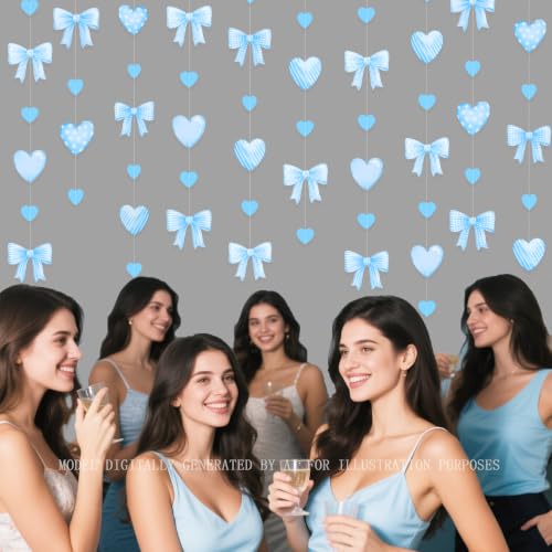 Image of Blue Bow Decorations Blue Plaid Twill Polka Dot Bow Heart Hanging Streamer Garland Banner for Baby Shower Birthday Wedding Bridal Shower Bachelorette Coquette Anniversary Party Decorations Supplies