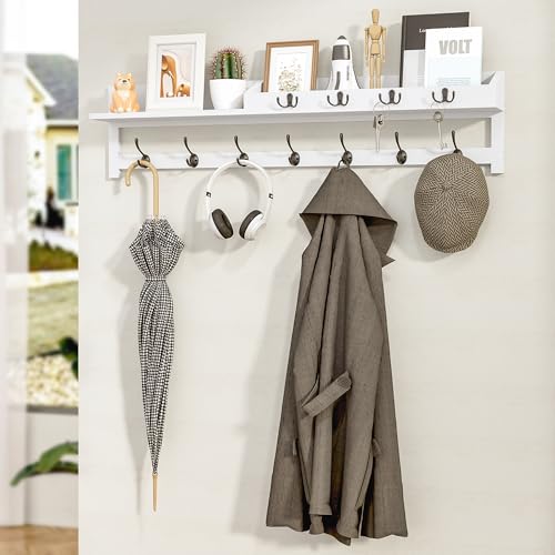 Image of AMBIRD 35 inch Coat Rack Wall Mount, Extra Long Coat Hooks Wall Mount, Entryway Shelf with 7 Dual Coat Hooks 4 Key Hooks Mail Organizer, Wooden Wall Coat Rack with Hooks, Key Holder Rack (White)