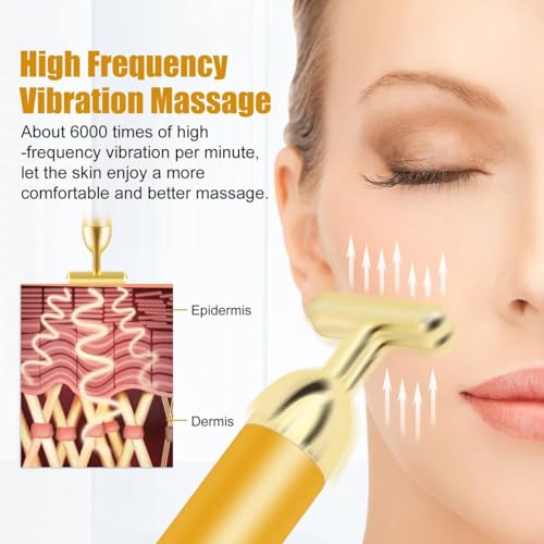 Crotomak 24K Gold Energy Beauty Bar Electric Vibration Facial Massager Roller T Shape Waterproof Anti Wrinkle Face Skin care Massager For Forehead Cheek Neck Clavicle Arm (Gold) - Image 6