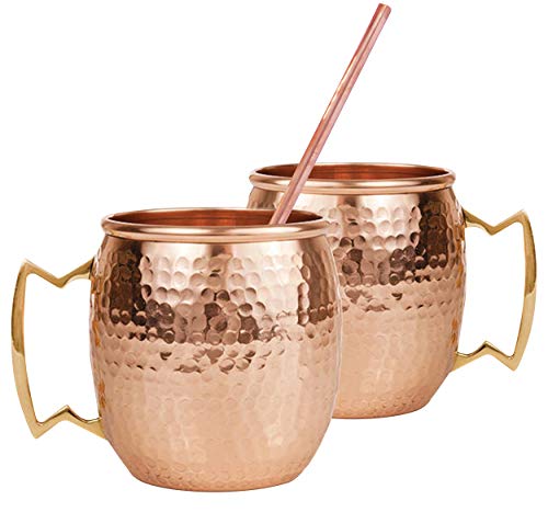 Copperkraft Seamless Pure Copper Moscow Mule Mugs (Set of 2) with 1 Peg Measure, 1 Straw Cleaner & 2 Copper Straws- Hand-Beaten/ Hammered Finish - 475 ml/ 16oz