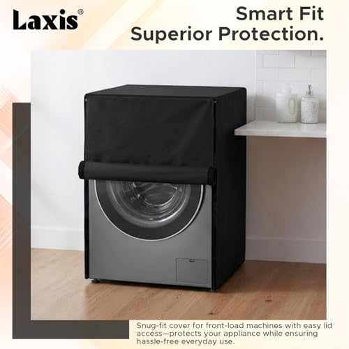 Image of LAXIS Front Load Washing Machine Cover Front Load for 8 Kg, 8.5 Kg, 9 Kg, 9.5 Kg, 10 Kg | Waterproof & Dustproof Polyester Fabric Cover with Zipper (63X63X93 cm- Black)