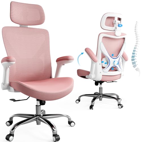 Ergalithic Office Home Ergonomic Desk Chair-Computer X-Shaped Chair Mesh PU Leather with Adjustable Lumbar Support-Executive Chair High Back with Headrest Flip-Up Arms for Long Hours (Dark Pink)
