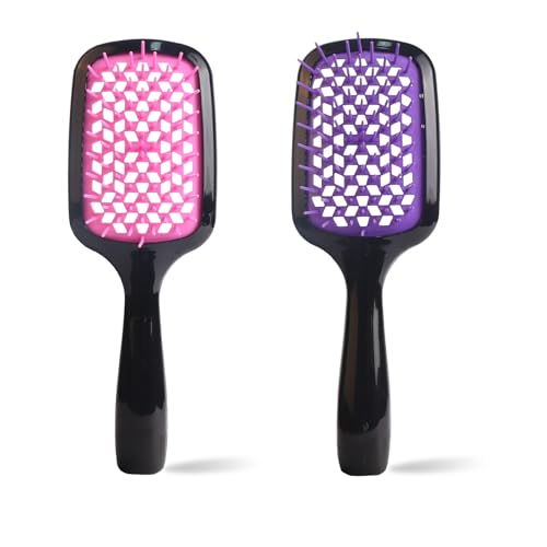 もつれ解消ヘアブラシ、レマンデンヘアブラシ、柔軟な剛毛、帯電防止マッサージパドルブラシ、ウェット&ドライのデタングルに適しています (ピンク+パープル29)