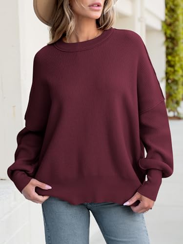 Image of ANRABESS Women Oversized Sweaters Batwing Long Sleeve 2026 Fall Outfits Crewneck Casual Knit Side Slit Fashion Pullover Top