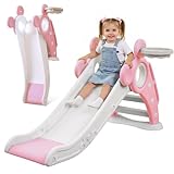 YOLEO Rutsche, Kinder Fun-Slide mit Basketballkorb, Faltbar Kinderrutsche, Gartenrutsche Kleinkinderrutsche für 1-3 Jahre, Indoor & Outdoor Rutschbahn mit Rutschauslauf (Rosa)