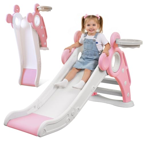 YOLEO Rutsche, Kinder Fun-Slide mit Basketballkorb, Faltbar Kinderrutsche, Gartenrutsche Kleinkinderrutsche für 1-3 Jahre, Indoor & Outdoor Rutschbahn mit Rutschauslauf (Rosa)