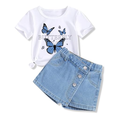 Voxikodex Size 6 7 Years Girls Tracksuit Set 2PCS Cute Butterfly Print Short Sleeve T-Shirt Tops & Denim Skirt Short Casual Little Girls Summer Vacation Outfits Set(6-7Y)
