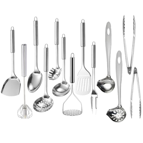 Ragyzity 304 Stainless Steel Kitchen Utensil Set, 13PCS Cooking Nonstick Cookware Set Serving Utensils Cooking Utensil All Metal Cooking Spoons, Comfortable Grip Stainless Steel Utensils Set