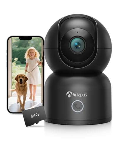 Anlapus C518 4K Pan/Tilt Home Indoor Security Camera, Plug-in WiFi Pet/Baby Monitor with One-Touch Call, AI Human/Pet/Face Tracking, 2.4/5 GHz, Two-Way Talk, Night Vision, 64G Memory Card Storage