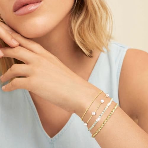 Pearl Bracelets for Women Tennis Bracelet Dainty 14K Gold/Silver Plated Beaded Bracelets for Women Cubic Zirconia Bracelet Stack Pearl Jewelry Set3