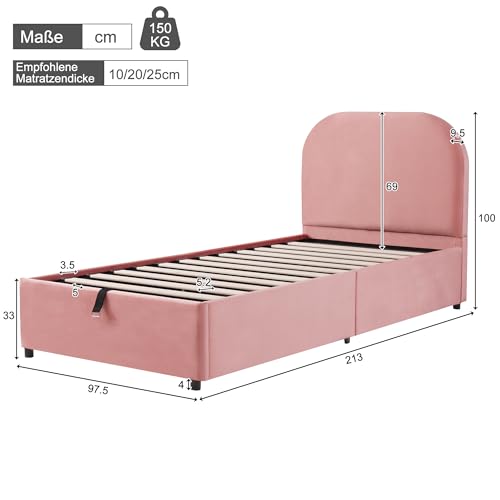 Gelukueub Polsterbett,Einzelbett, Kinderbett 90 x 200cm, hydraulisches Funktionsbett, Bett mit Lattenrost, Kopfteil und großem Stauraum, gepolstertes Kopfteil, Samt, rosa – Bild 3