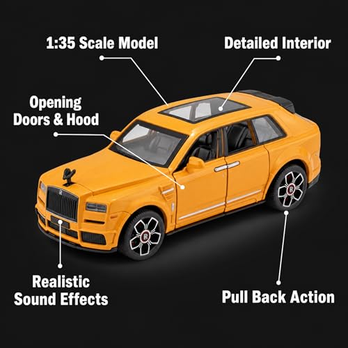 Image of Rolls Royce Cullinan 1:35 Scale Die Cast Metal Car - Pull Back Luxury SUV Model with Openable Doors, Lights & Sound, Collectible Showpiece for Kids 6+ & Car Enthusiasts