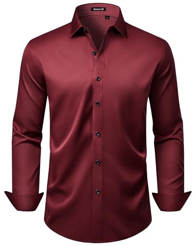 ROUWELL Burgundy Dress Shirt for Men Non Iron Long Sleeve Wrinkle Free Wedding Dating Prom Stretch Button Down Shirts L