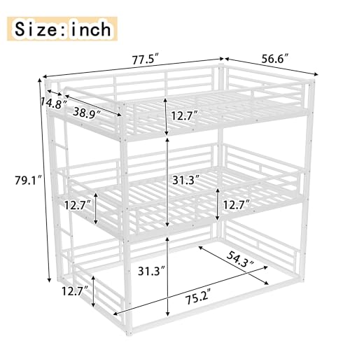 Image of Full Over Full Over Full Bunk Bed with Safety Guardrails, Modern Metal Triple Bed Frame for Kids, No Box Spring Required, White