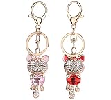2 Pcs Lovely Fashion Crystal Diamond Rhinestone Smile Cat Keychain Key Chain for Car Key Rings Purse Handbag Bag Decoration Gift