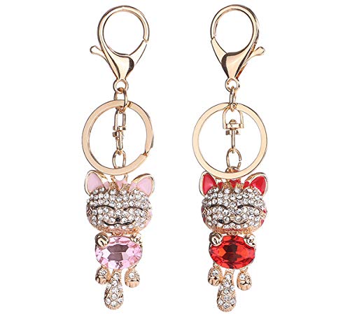 JML 2PCS Rhinestone Cat Keychain Key Chain for Car Key Rings Purse Handbag Bag Decoration Gift